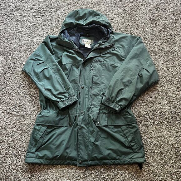 VTG 90s L.L. Bean Long Parka Rain Coat Jacket Trench Full Zip Green Nylon Mens L - Picture 1 of 7